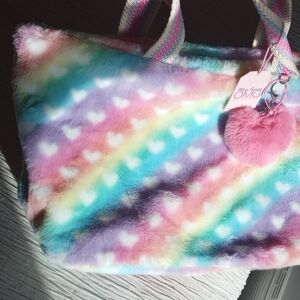 Pastel Rainbow Faux-Fur Tote Bag with Heart Pattern